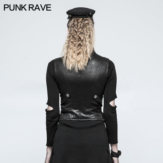 Black Leather Punk Vest Waistcoat Women Slim Joker Style