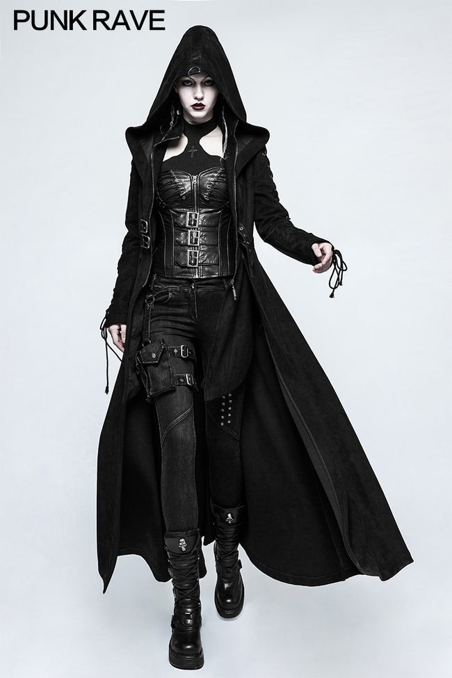 Women Dark Angel Long Gothic Coat Hooded Fake Two Piece