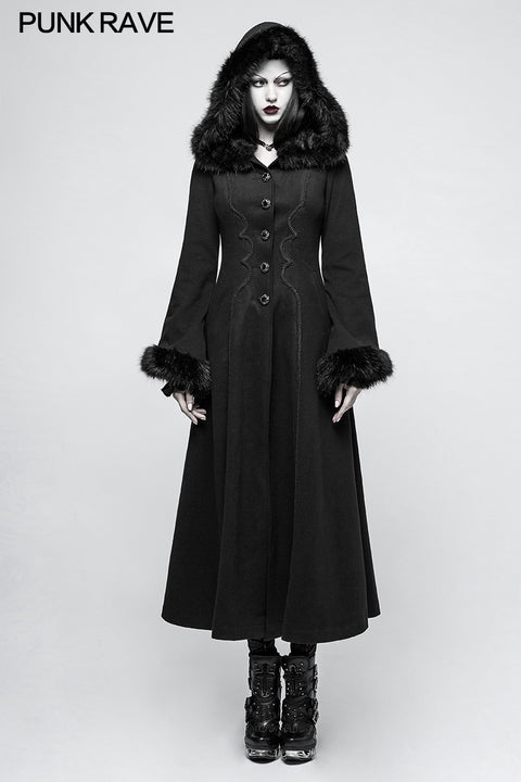 Women Disc Flowers Worsted Long Gothic Coat With Hooded