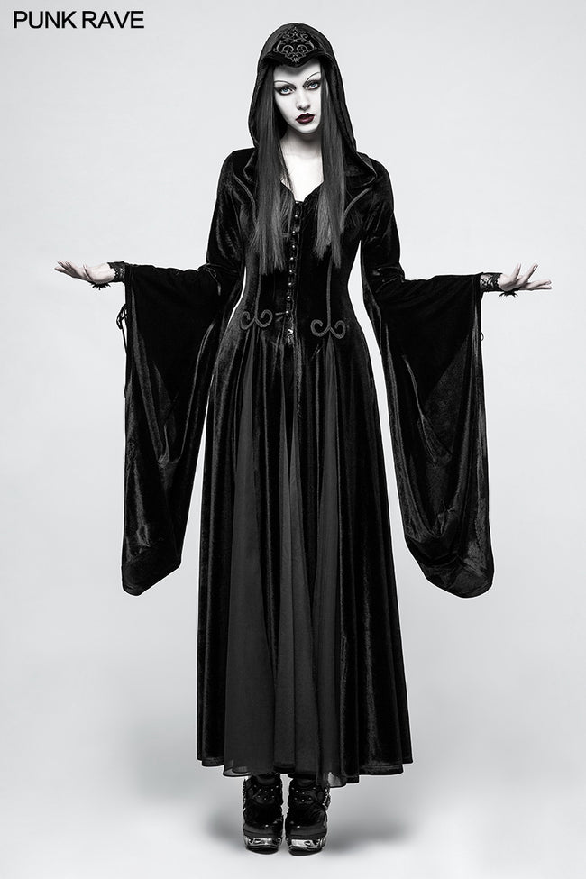Embroidered Dark Goddess Long Velvet Gothic Coat For Women Byzantine Style