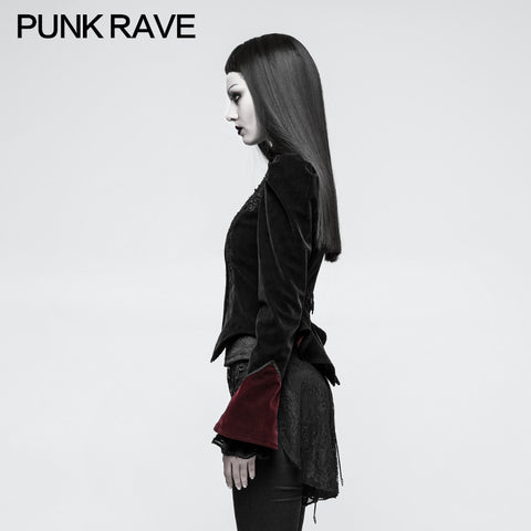 Women Scissor-tail Velvet Short Gothic Jackets With Black-red Rose Lace