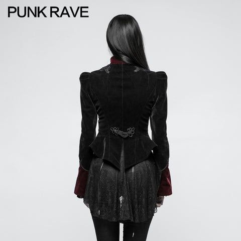 Women Scissor-tail Velvet Short Gothic Jackets With Black-red Rose Lace