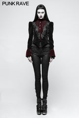 Women Scissor-tail Velvet Short Gothic Jackets With Black-red Rose Lace