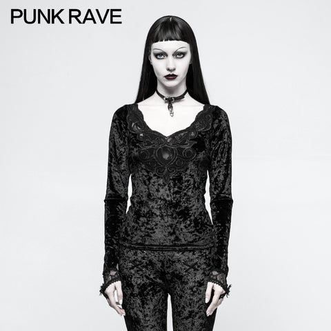 Daily Embroidery Diamond Velvet Gothic T-shirts With Positioning Necktie