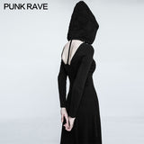 Slim Sexy Black Knitted Hooded Gothic Dresses With Hollow-out Back