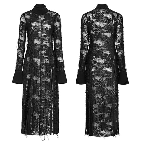Vintage Rose Lace Mesh Black Long Gothic Dresses With Multi-split Design