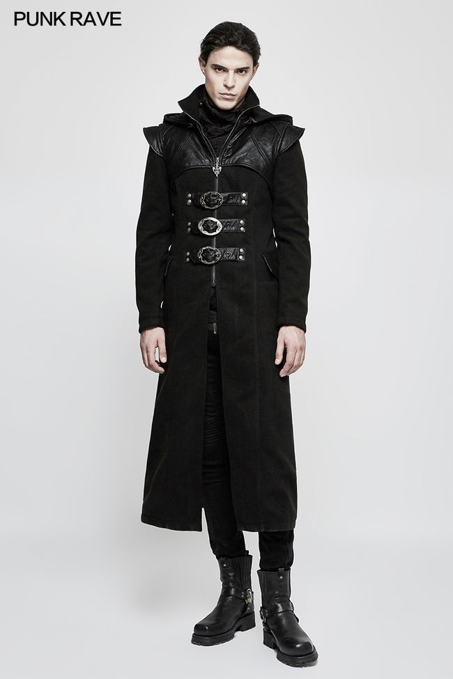 Stand-collar Long Leather Gothic Coat With Detachable Hat