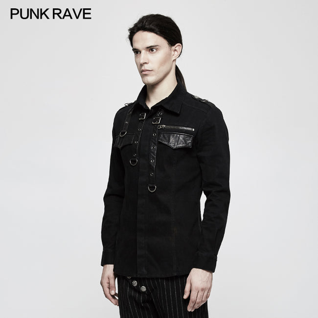Handsome Wool Long Sleeve Punk Shirts With Personality Leather Loop