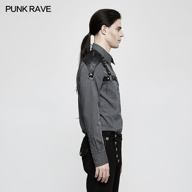 Handsome Striped Punk Shirt With Free Hanging Metal Chain