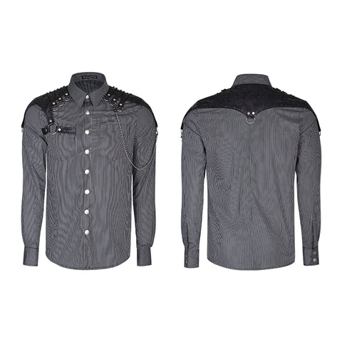 Handsome Striped Punk Shirt With Free Hanging Metal Chain