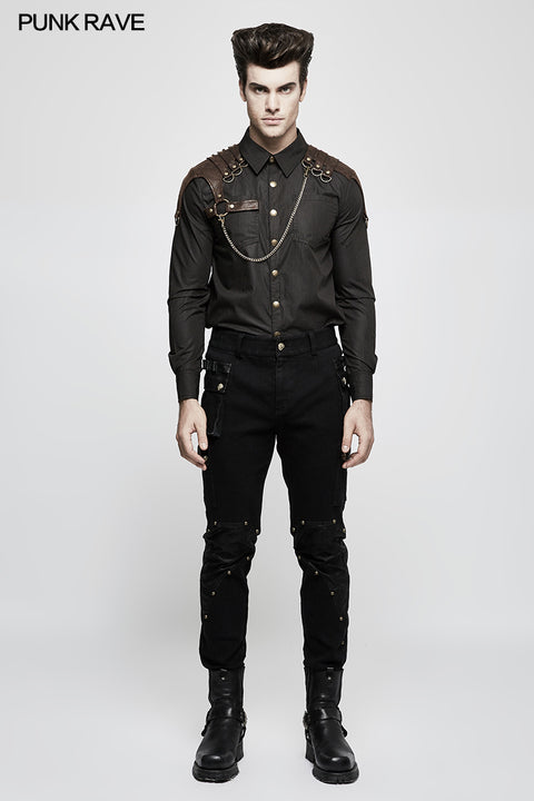 Handsome Striped Punk Shirt With Free Hanging Metal Chain