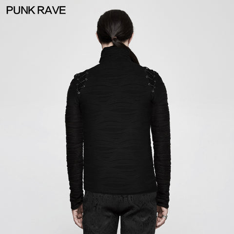 Stereo Stripe Elastic Knitted Gothic T-shirts With High Neck Collar