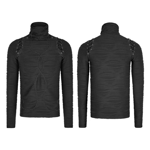Stereo Stripe Elastic Knitted Gothic T-shirts With High Neck Collar