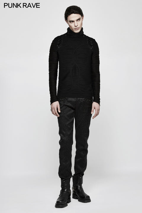 Stereo Stripe Elastic Knitted Gothic T-shirts With High Neck Collar