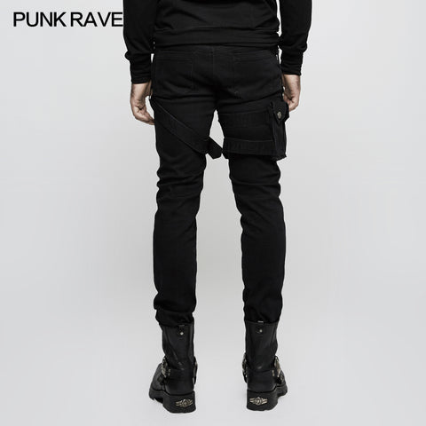 Men Elastic Denim Punk Pants With Detachable Pocket