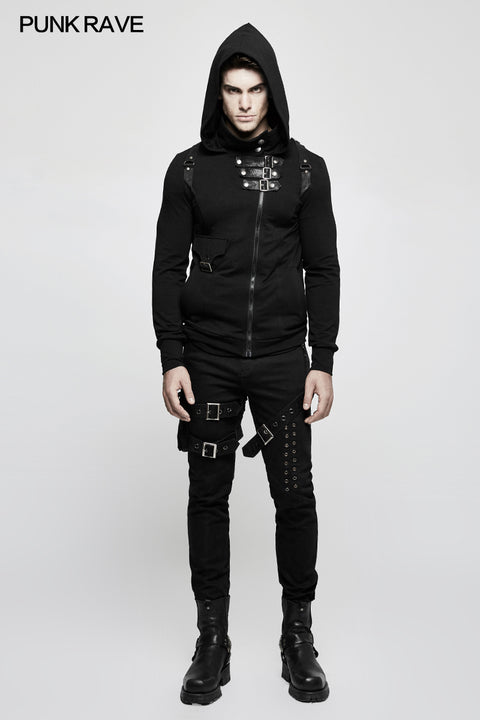 Men Elastic Denim Punk Pants With Detachable Pocket