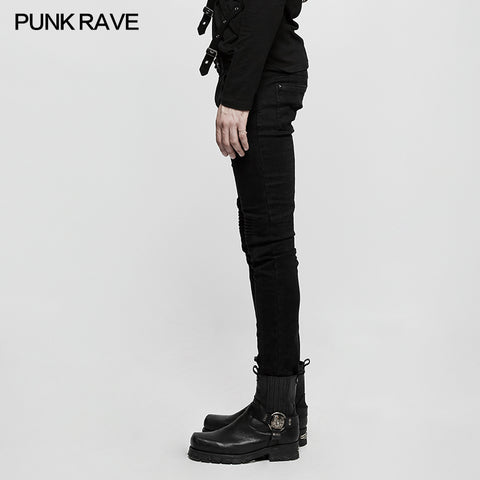 Slim-fitting Denim Black Long Punk Pants For Men