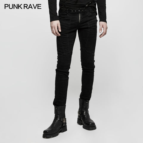 Slim-fitting Denim Black Long Punk Pants For Men