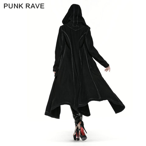 Winter Woolen Long Black Gothic Coat For Women Two Wear Imitation Fur Coat