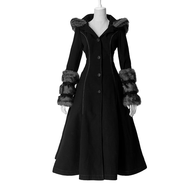Winter Woolen Long Black Gothic Coat For Women Two Wear Imitation Fur Coat