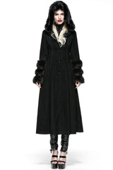 Winter Woolen Long Black Gothic Coat For Women Two Wear Imitation Fur Coat