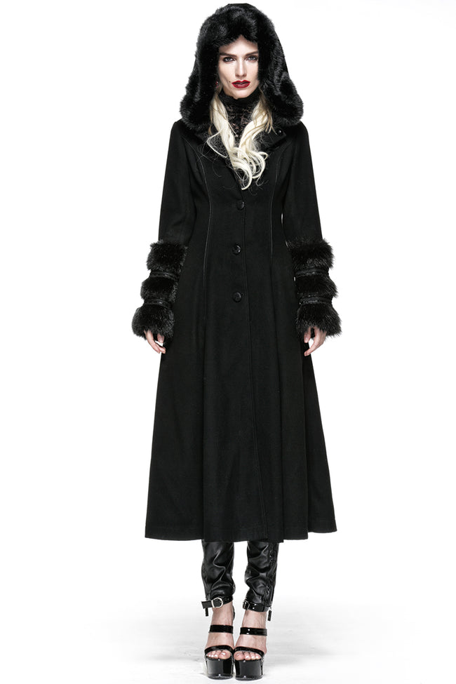 Winter Woolen Long Black Gothic Coat For Women Two Wear Imitation Fur Punkravestore