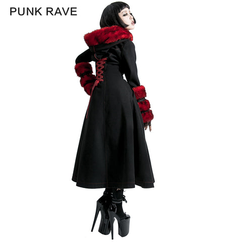 Winter Woolen Long Black Gothic Coat For Women Two Wear Imitation Fur Coat