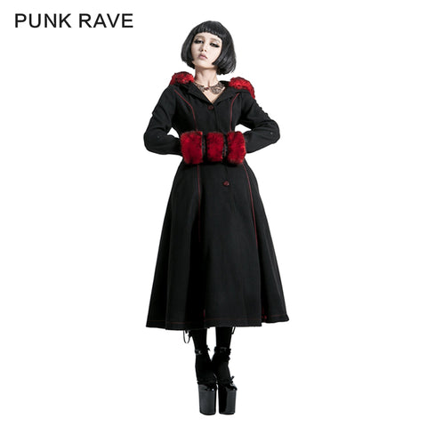 Winter Woolen Long Black Gothic Coat For Women Two Wear Imitation Fur Coat
