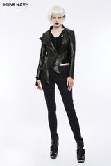 Irregular Shaped Bright Leather Punk Jacket With Stand Collar