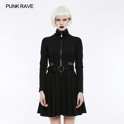 Handsome Knitted Punk Dress With Mesh Spliced Design