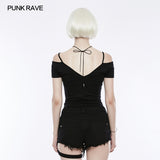 Sexy Off The Shoulder Slim Gothic T-shirt Tie Rope Necklace Top