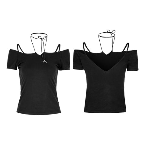 Sexy Off The Shoulder Slim Gothic T-shirt Tie Rope Necklace Top