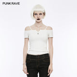 Sexy Off The Shoulder Slim Gothic T-shirt Tie Rope Necklace Top