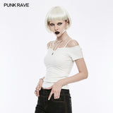 Sexy Off The Shoulder Slim Gothic T-shirt Tie Rope Necklace Top