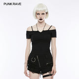 Sexy Off The Shoulder Slim Gothic T-shirt Tie Rope Necklace Top