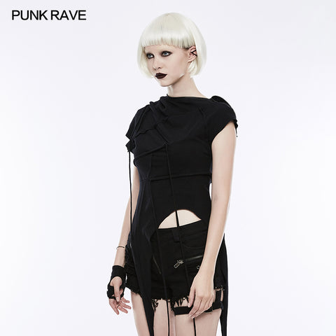 Fashion Slant Hat Mosaic Punk T-shirt Irregular Top