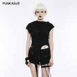 Fashion Slant Hat Mosaic Punk T-shirt Irregular Top