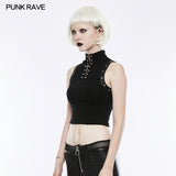 Semi High Neck Tops Sleeveless Punk Vest Back With Zipper
