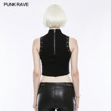 Semi High Neck Tops Sleeveless Punk Vest Back With Zipper