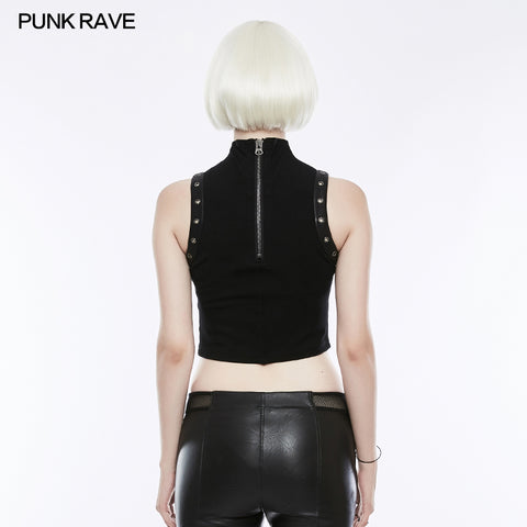 Semi High Neck Tops Sleeveless Punk Vest Back With Zipper