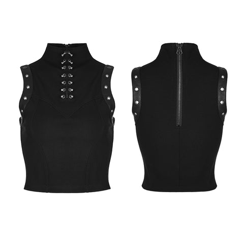 Semi High Neck Tops Sleeveless Punk Vest Back With Zipper
