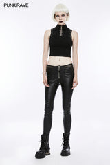 Semi High Neck Tops Sleeveless Punk Vest Back With Zipper