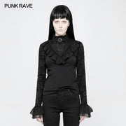 Black Lace Stand Collar Lolita T-Shirts For Women