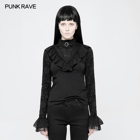 Black Lace Stand Collar Lolita T-Shirts For Women