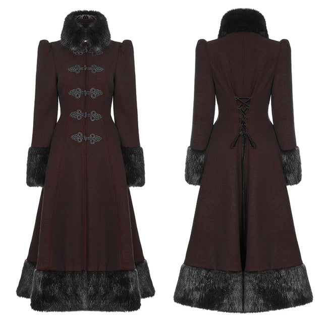 Gothic Black-Red Woolen Long Winter Coat Decorated With Imitation Fur