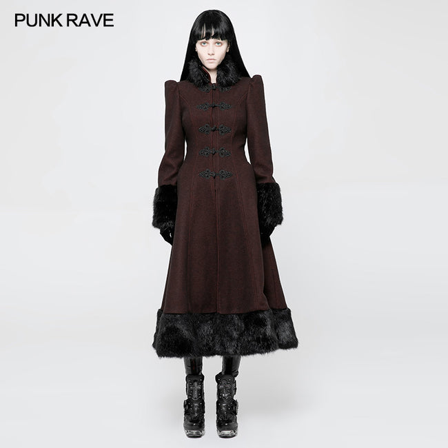 Gothic Black-Red Woolen Long Winter Coat Decorated With Imitation Fur
