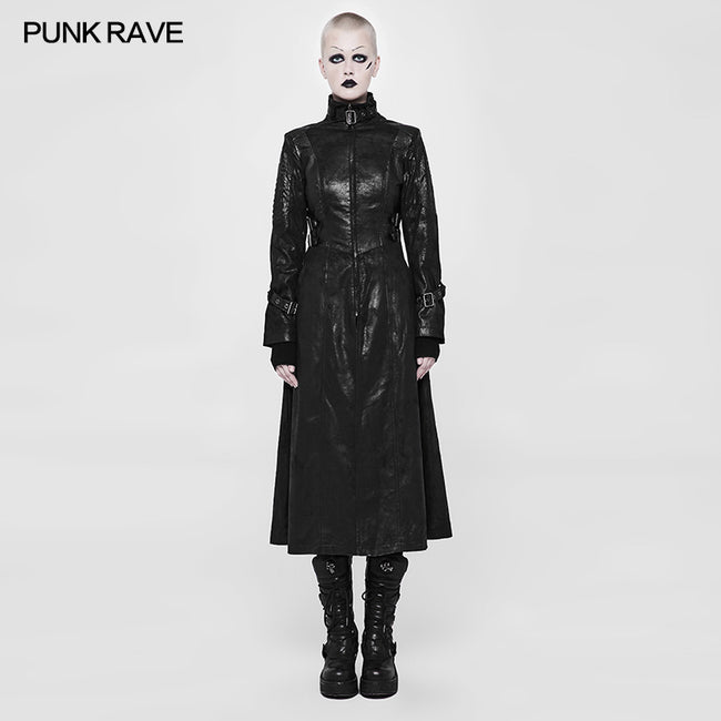 Punk Darkness Stand-Collar Leather Long Coat For Women
