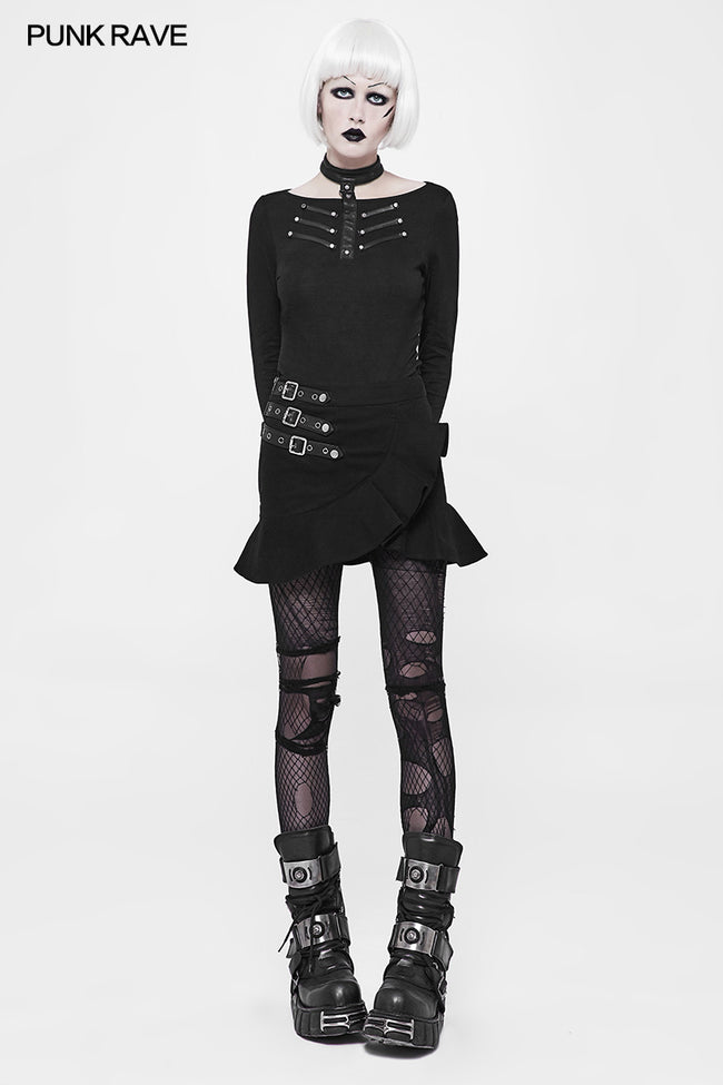 Women's Punk Knitted Long Sleeve T-shirt With Choker Design