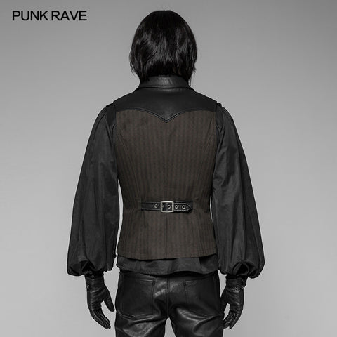 Men's Steampunk Vest Leather Stitched Dark Printed Waistcoat With Copper Buckle