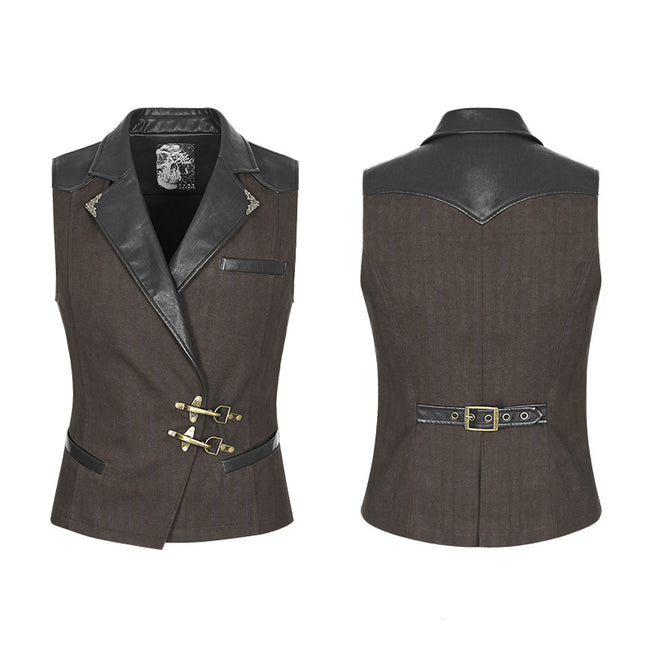 Men's Steampunk Vest Leather Stitched Dark Printed Waistcoat With Copper Buckle